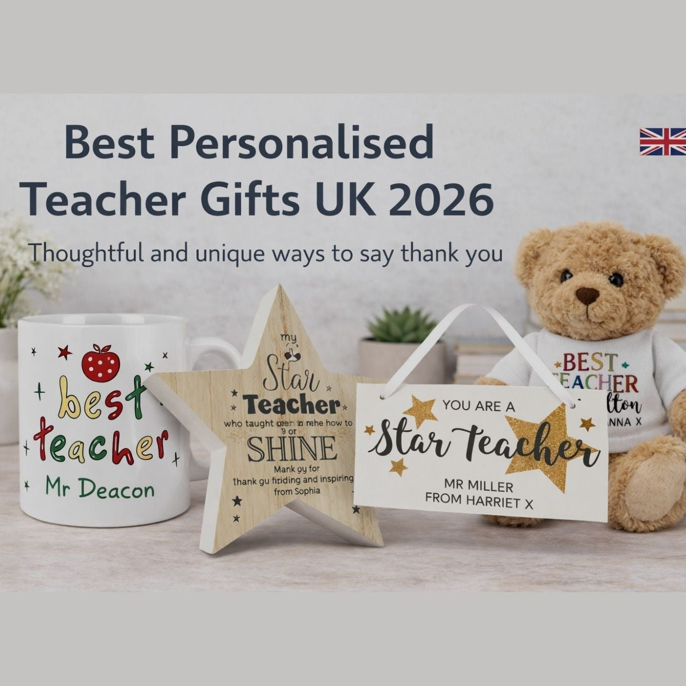 Blog image - of best personalised teacher gifts uk 2026, with a mug, star, sign and teddy