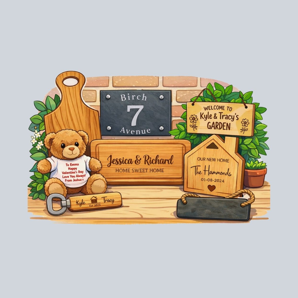 blog banner : Personalised housewarming gifts including engraved chopping boards, slate house sign, wooden bottle opener and teddy bear arranged in a cute illustrated scene