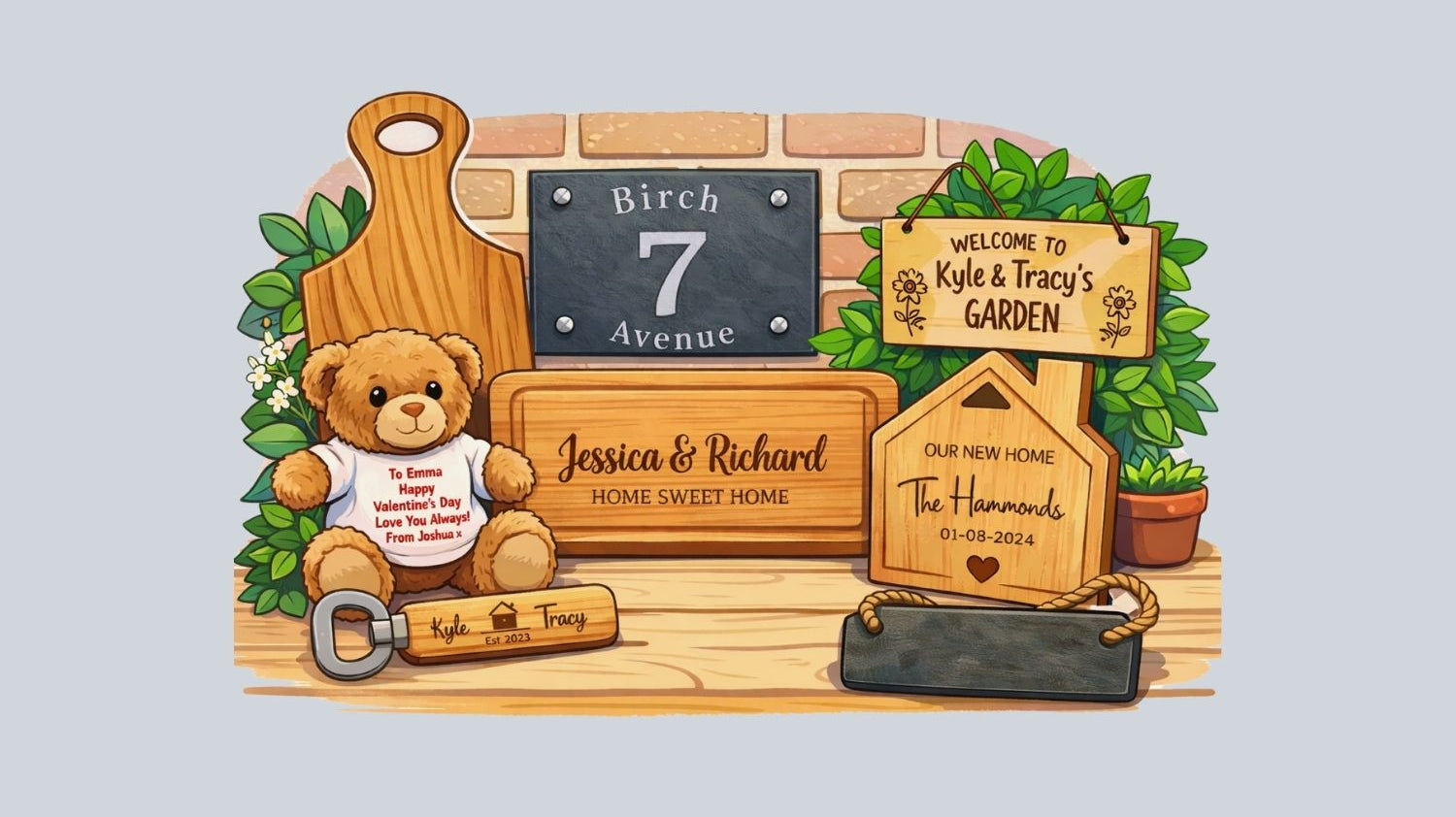blog banner : Personalised housewarming gifts including engraved chopping boards, slate house sign, wooden bottle opener and teddy bear arranged in a cute illustrated scene