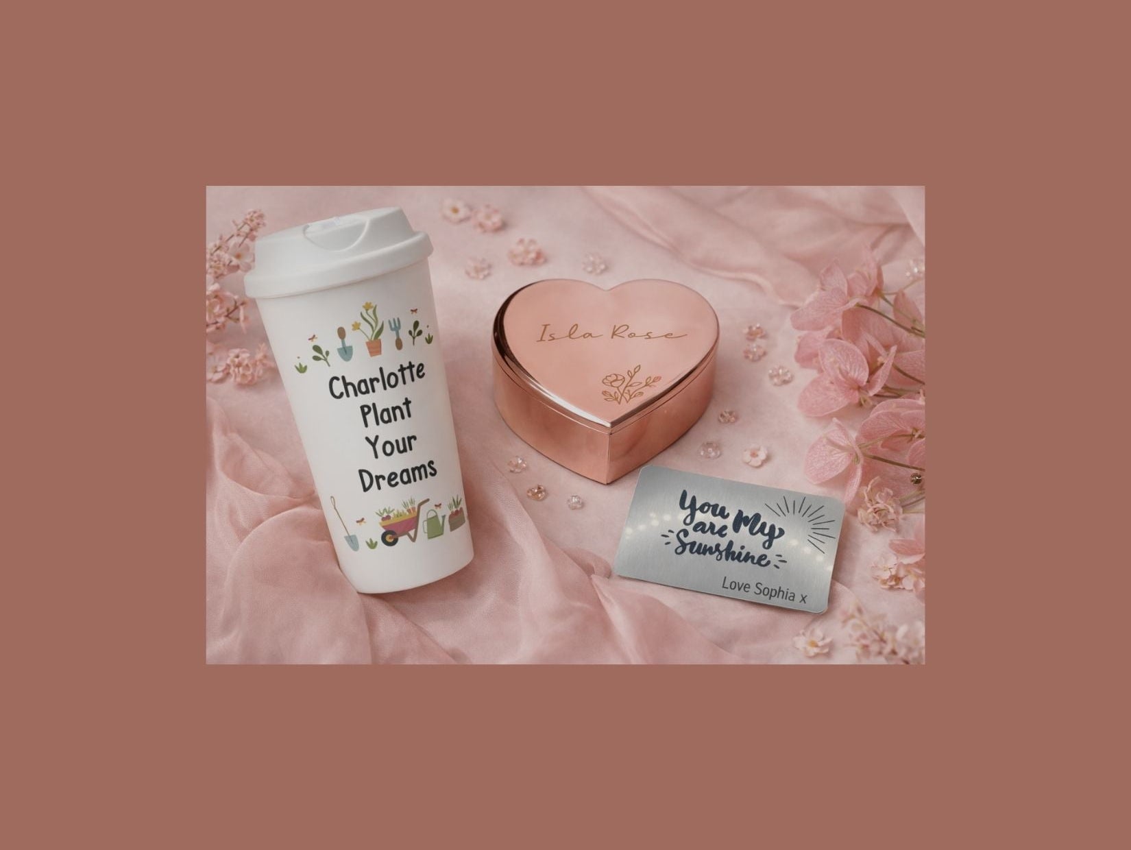 Blog Banner - Personalised gifts on a pink background, travel mug, trinket box and a wallet card insert