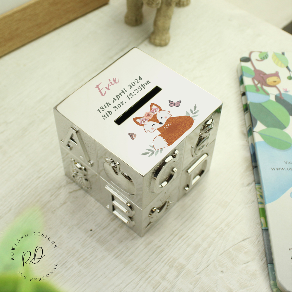 Unique Piggy Banks – Personalised Woodland Fox ABC Money Box.