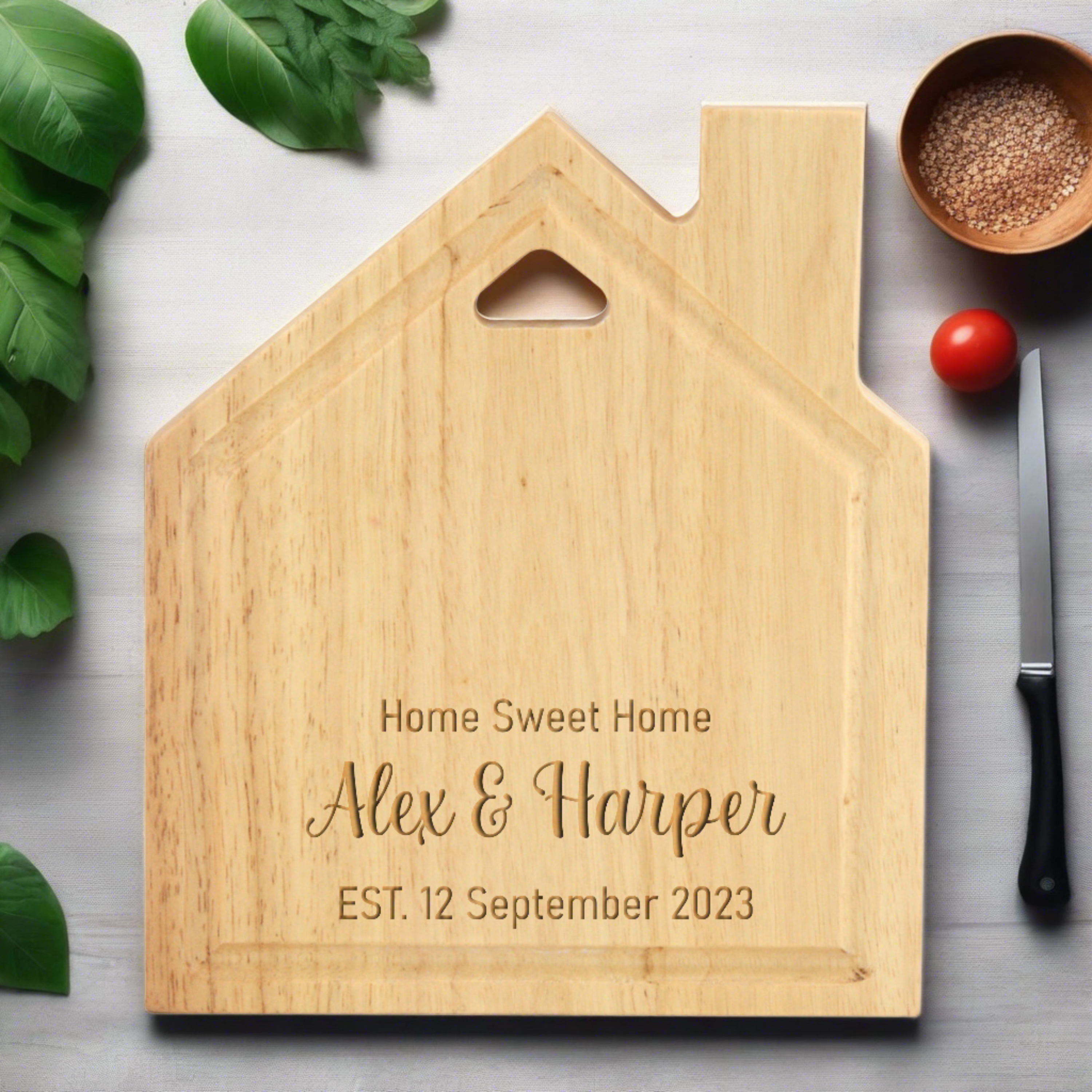 Heartfelt Addition: Engraved House Chopping Board, personalise with 3 lines of text.