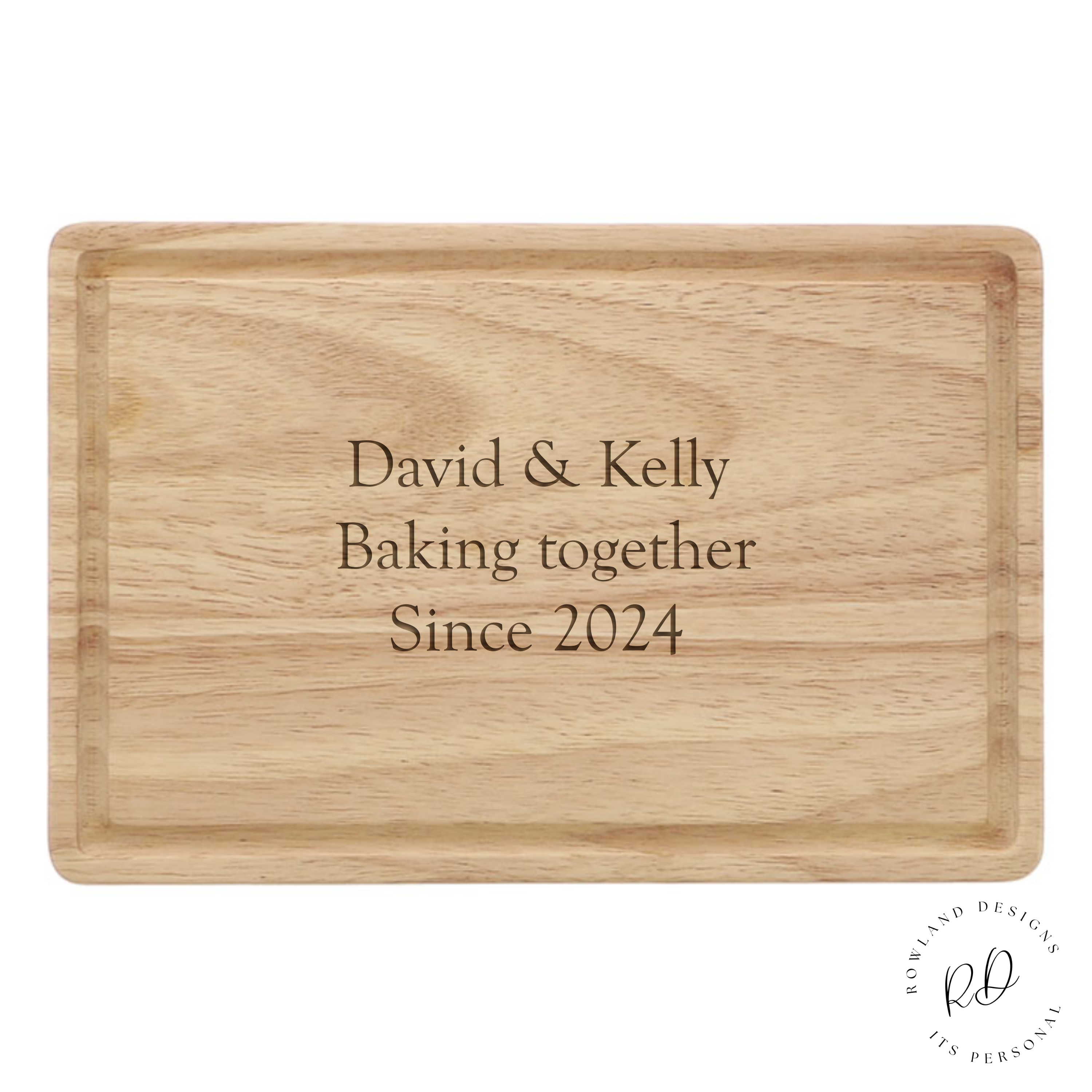 Fun and distinctive Personalised Wooden Cutting Board with exquisite engraving and a convenient groove for drips. Perfect for food prep or display.