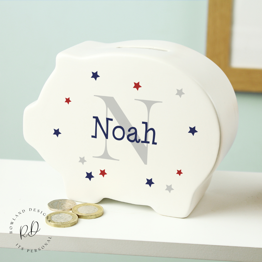 Keepsake Piggy Bank – Personalised Name & Initial Ceramic Money Box.