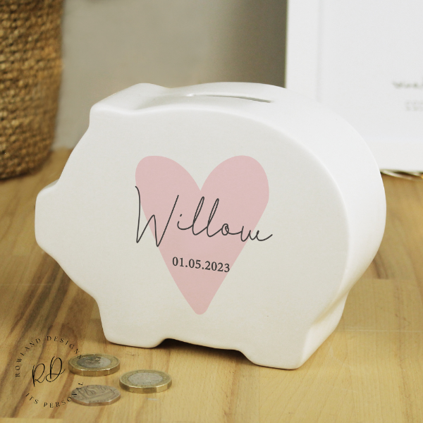 Personalised Pink Heart Penny Bank – Ceramic Money Box for Kids.