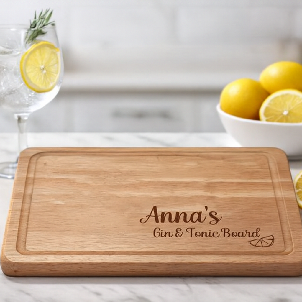 Wooden cutting board with 'Anna's Gin & Tonic Board' engraving on a kitchen counter with lemons and a glass of water.