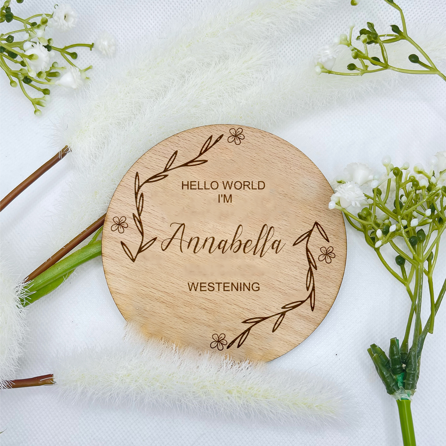 This is a lovely way to announce the arrival of your new beautiful baby to friends and family, Personalise your plaque with your baby's name. At the top of this product it says hello world im, this is a circular shape. This would make the perfect first gift for new parents. A beautiful addition to any baby photographs. This comes in 10 centimetres by 10 centimetres or 15 by 15.