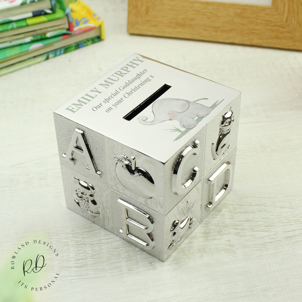 Keepsake Piggy Bank – Personalised Hessian Friends ABC Box.