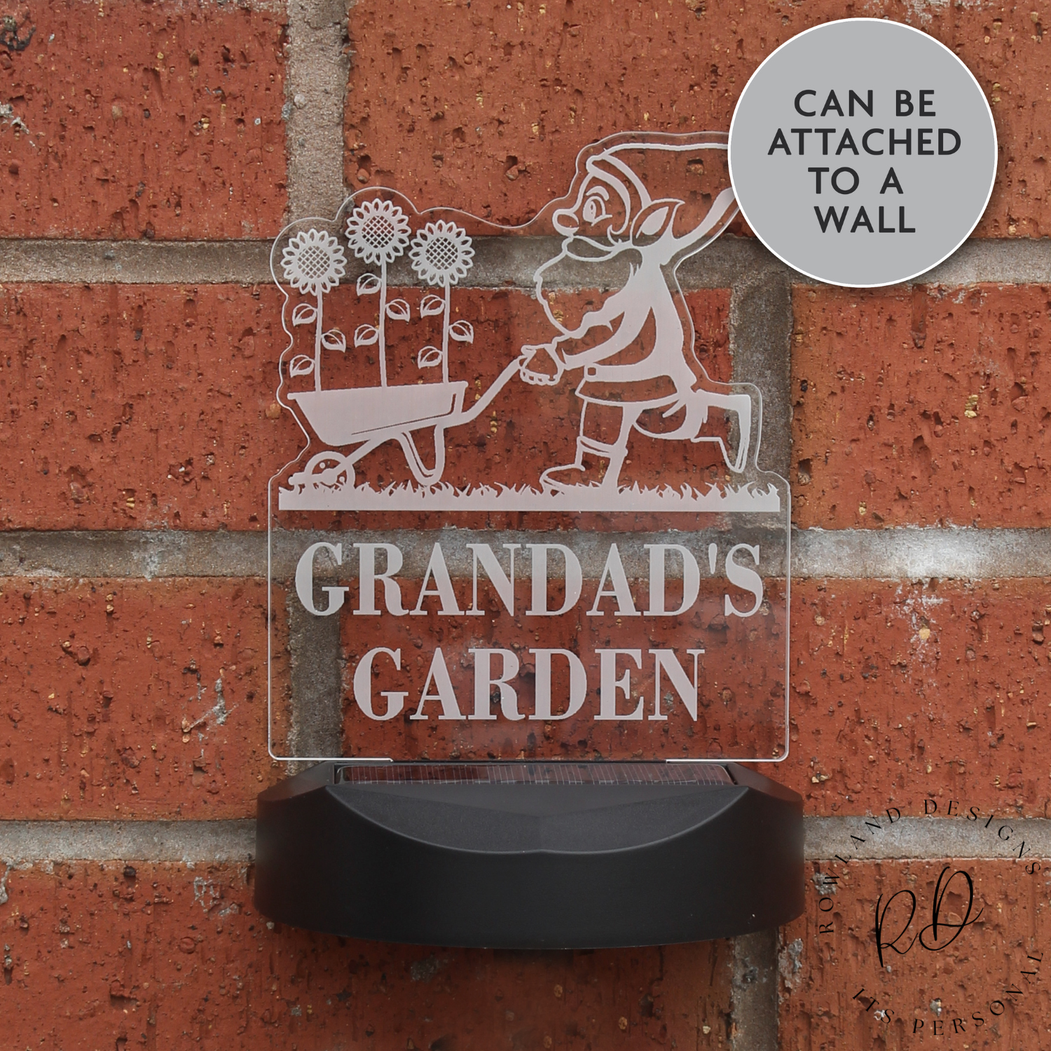 This personalised garden gnome sign glows at night! Solar powered, colour-changing, and easy to install. A perfect outdoor gift.
