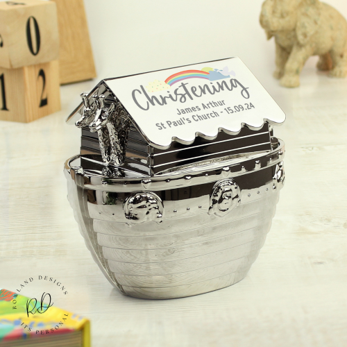 Christening Money Box – Personalised Hessian Friends Noah’s Ark.