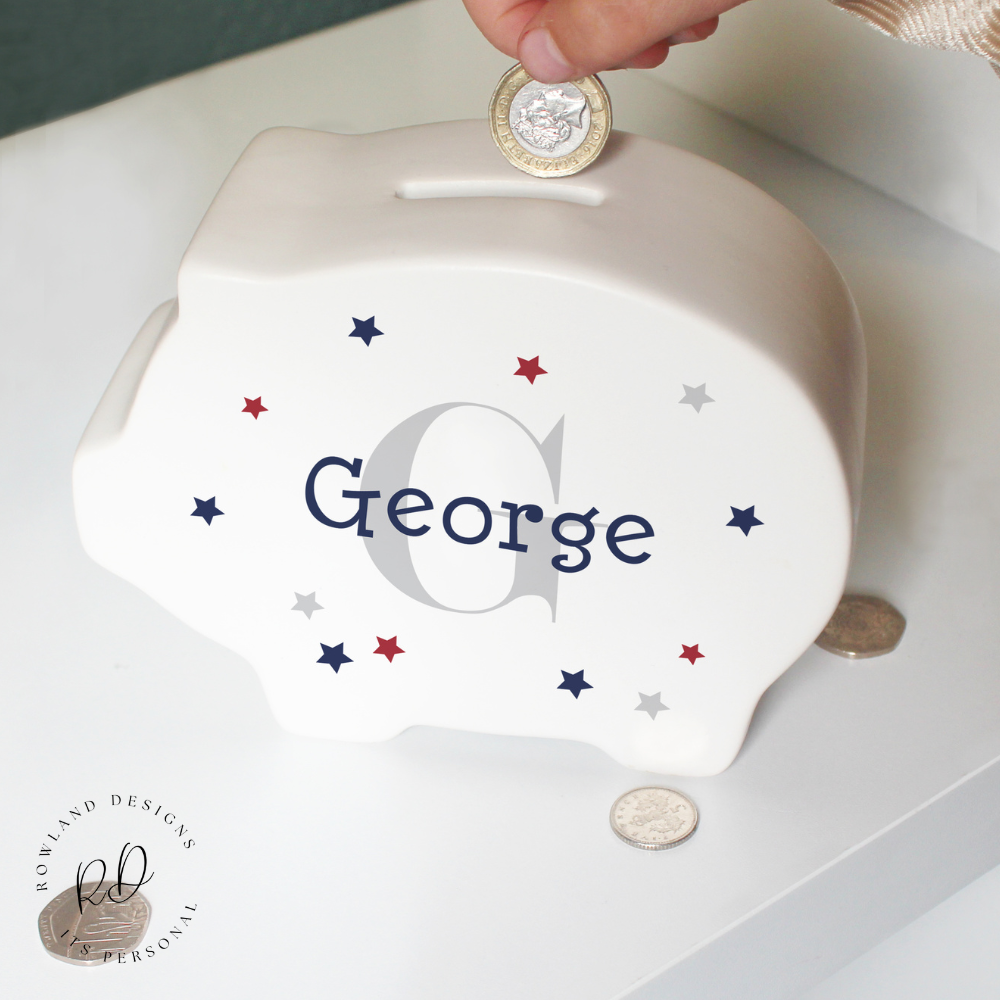 Keepsake Piggy Bank – Personalised Name & Initial Ceramic Money Box.