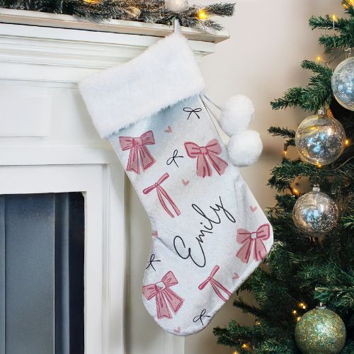 Personalised christmas stocking with name in grey with pink bows