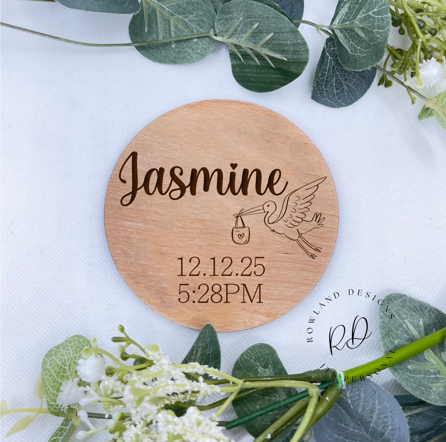 Personalised Baby Announcement Plaque – Stork Design – Custom engraved with baby’s name, crafted from Beech wood or white MDF, perfect for nursery decor.