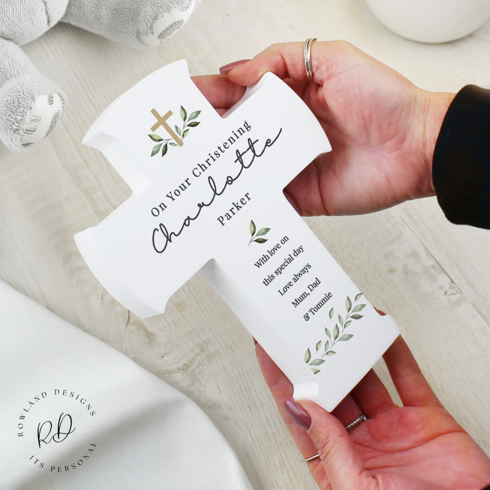Personalized Christening Cross – Custom Wooden Botanical Keepsake.