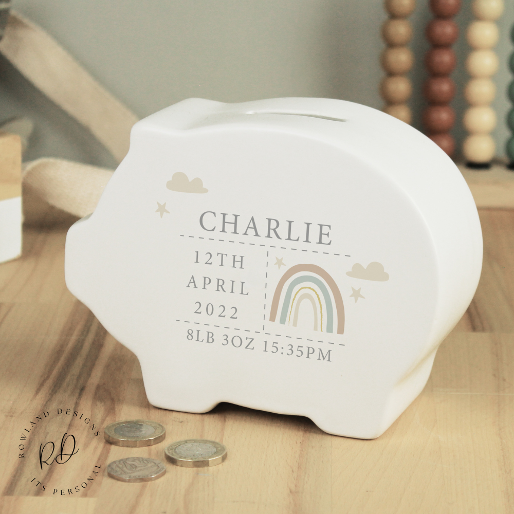Personalised Rainbow Piggy Bank – 1st Christmas Gift.