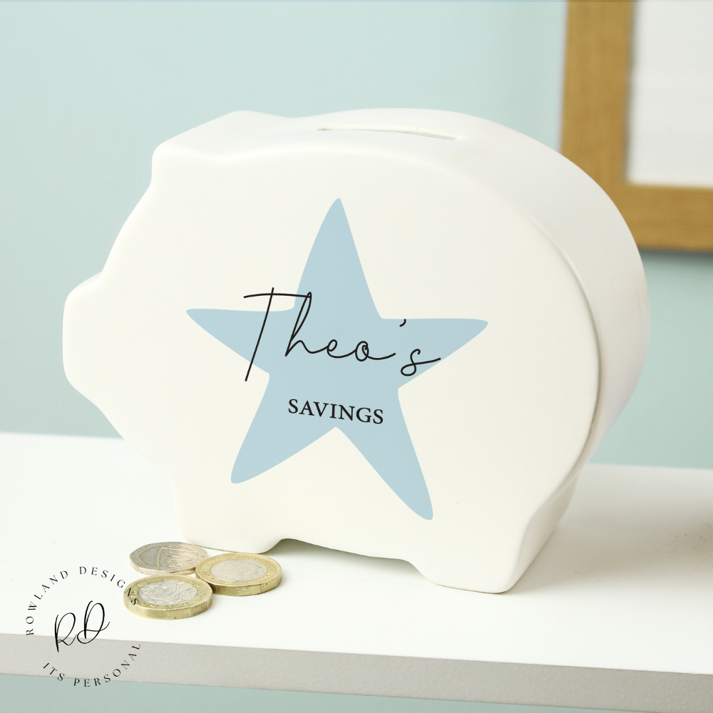 Personalised Blue Star Money Box – Unique Piggy Bank for Kids.