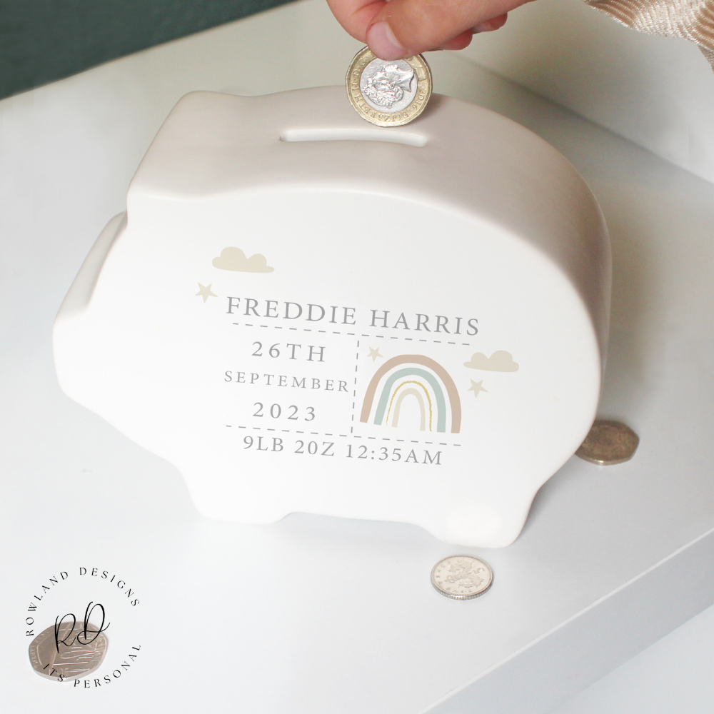 Personalised Rainbow Piggy Bank – 1st Christmas Gift.