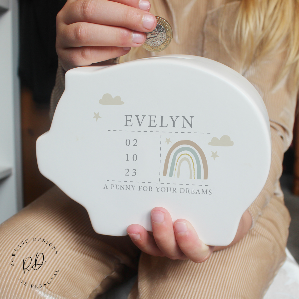 Personalised Rainbow Piggy Bank – 1st Christmas Gift.