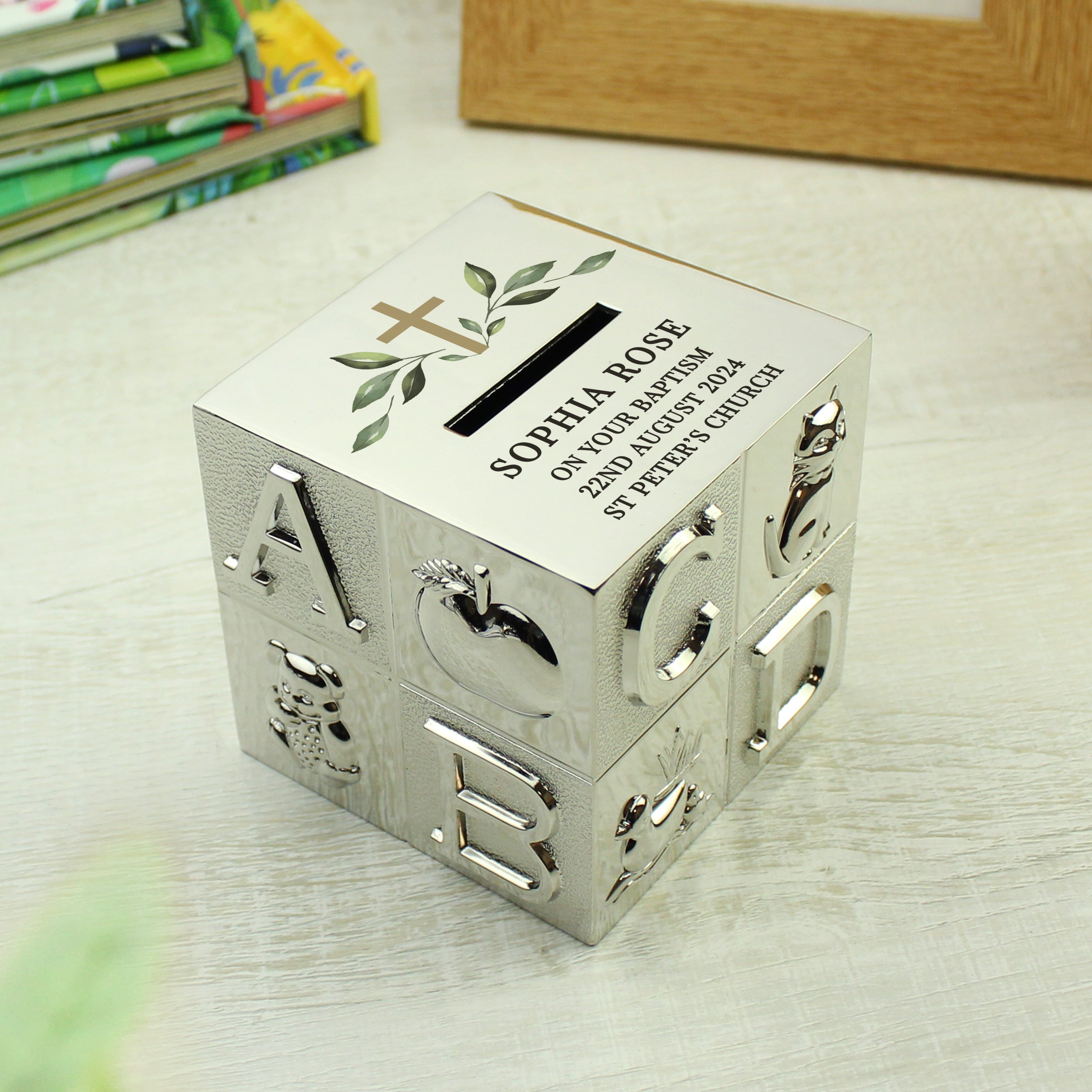 Personalised Religious Cross ABC Box - Unique Piggy Bank.