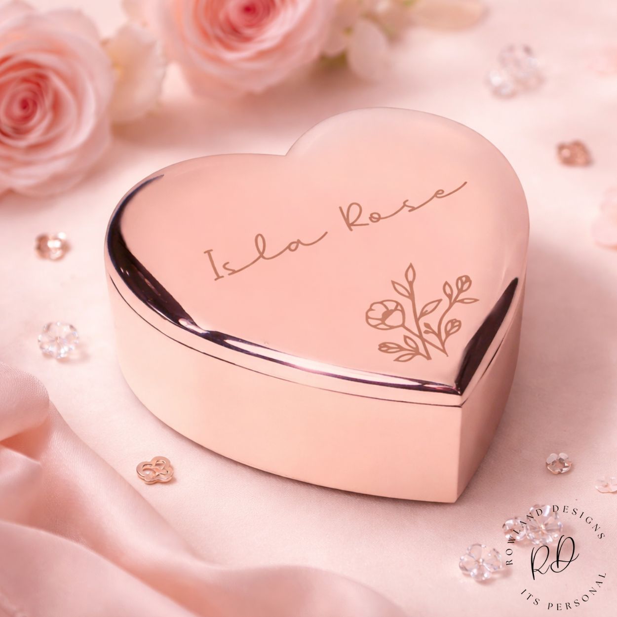 Rose gold heart shaped trinket box with personalised name, ideal for jewellery keepsakes
