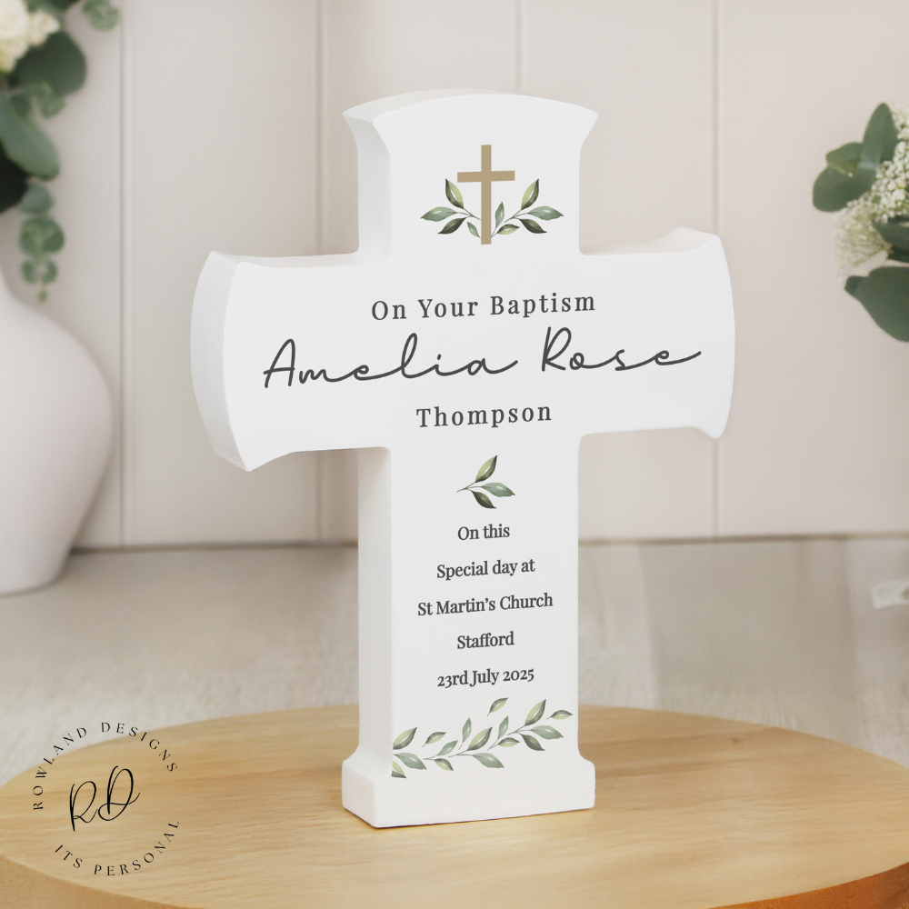 Personalized Christening Cross – Custom Wooden Botanical Keepsake.