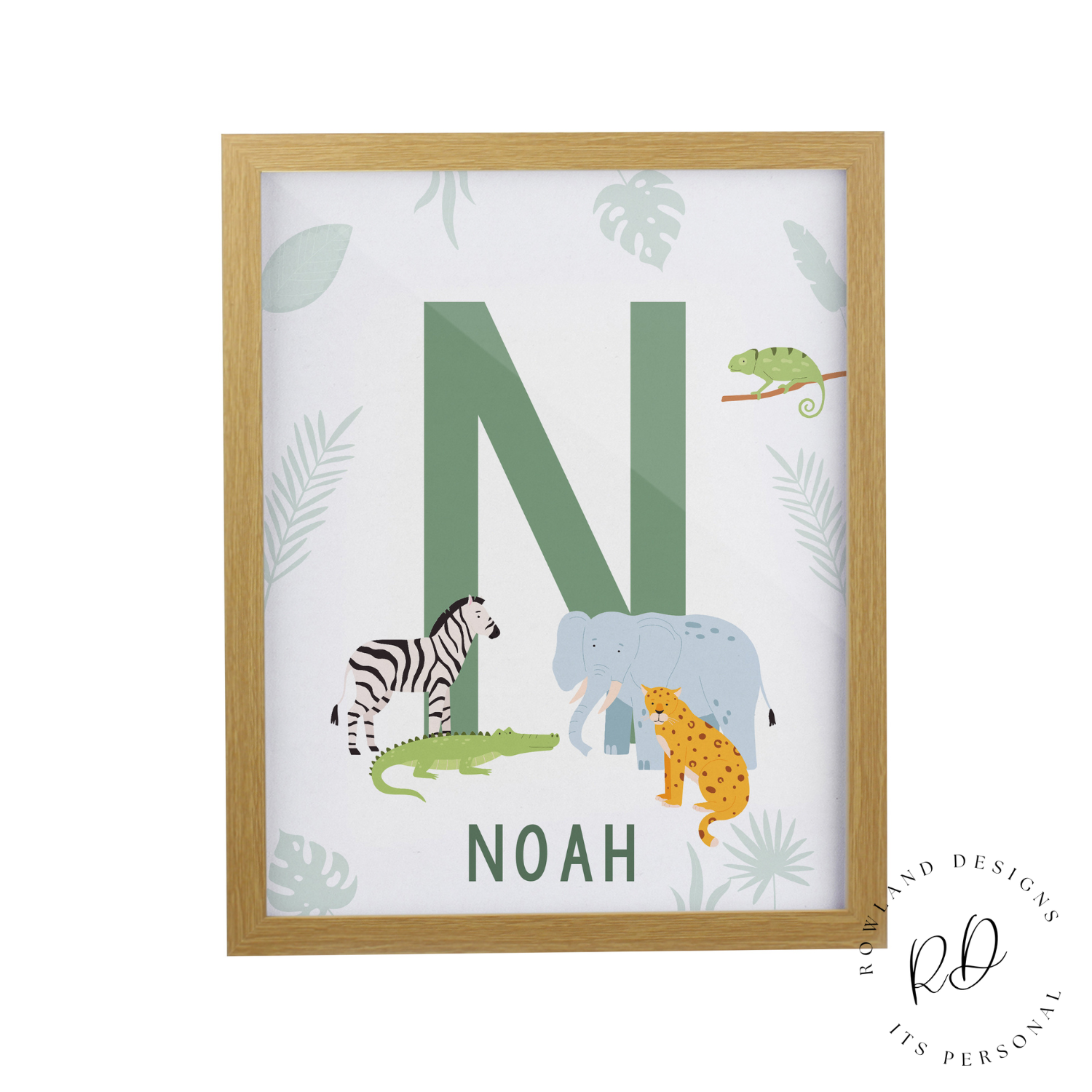 Personalised animal initial print in oak frame