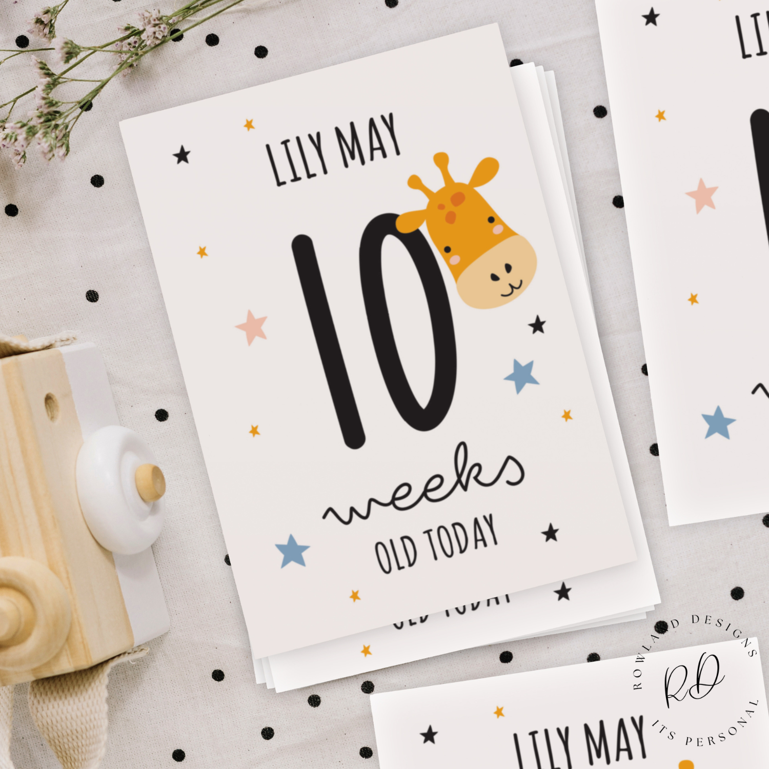 Close-up of printed animal designs on milestone cards