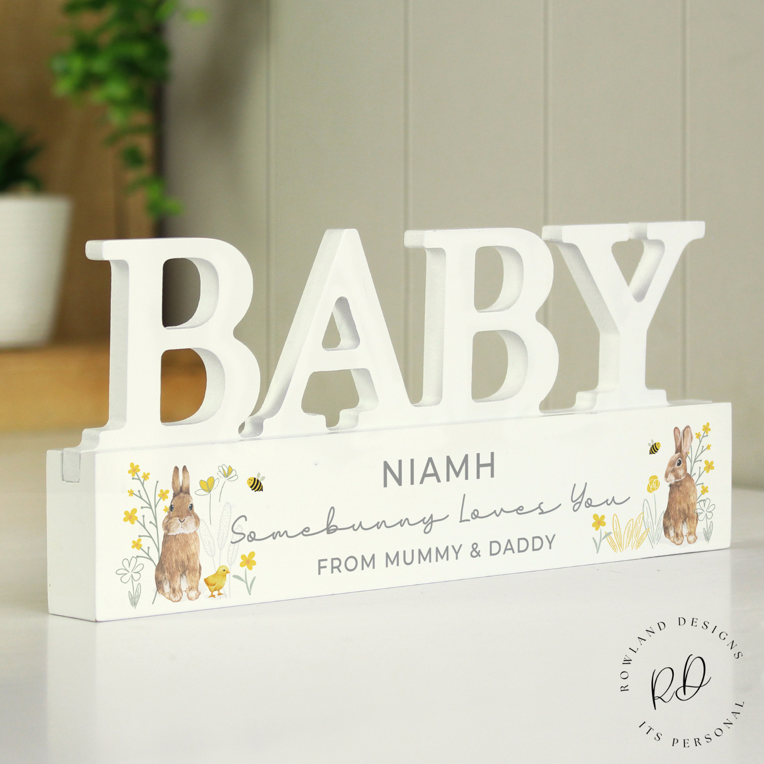 Personalised baby bunny ornament front view