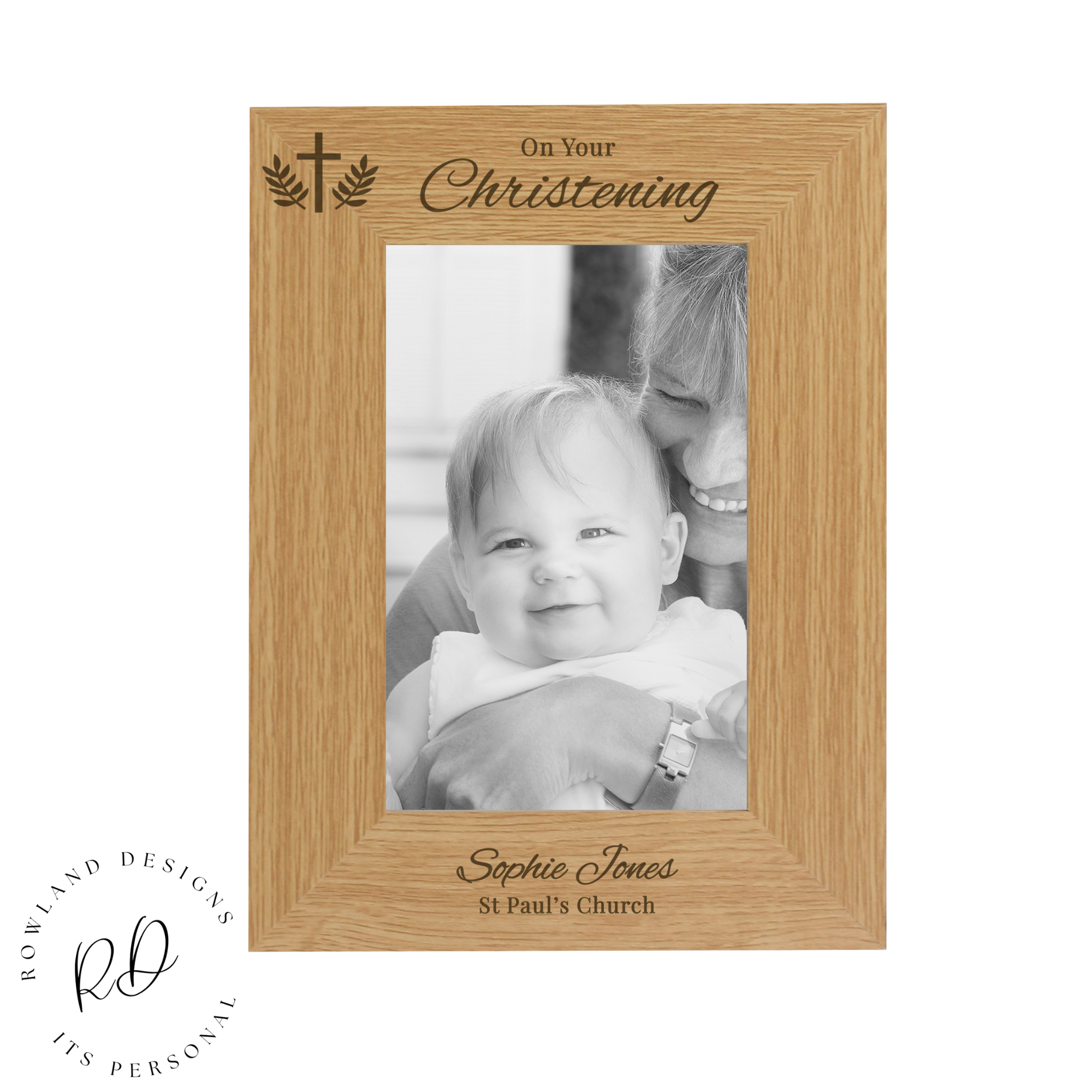 Close-up of engraved baptism photo frame