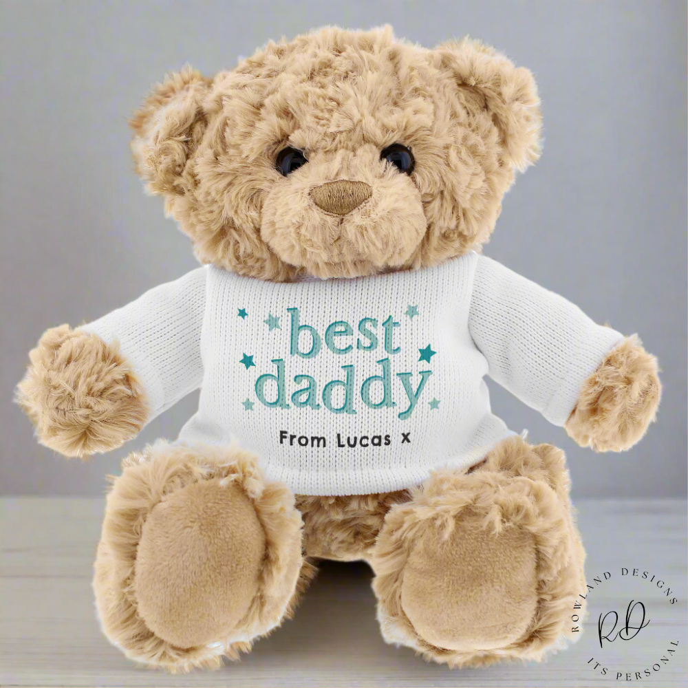 Front view of personalised 'Best Daddy' teddy bear wearing a soft white jumper with customisable message.
