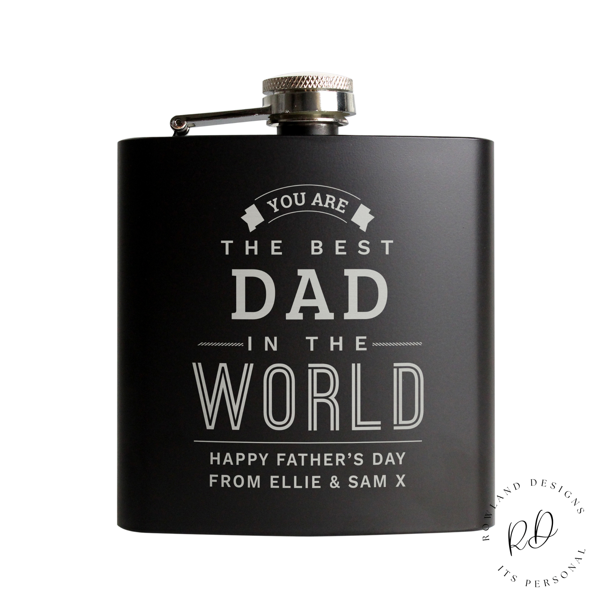 Close-up of the personalised engraving on the black stainless steel hip flask.