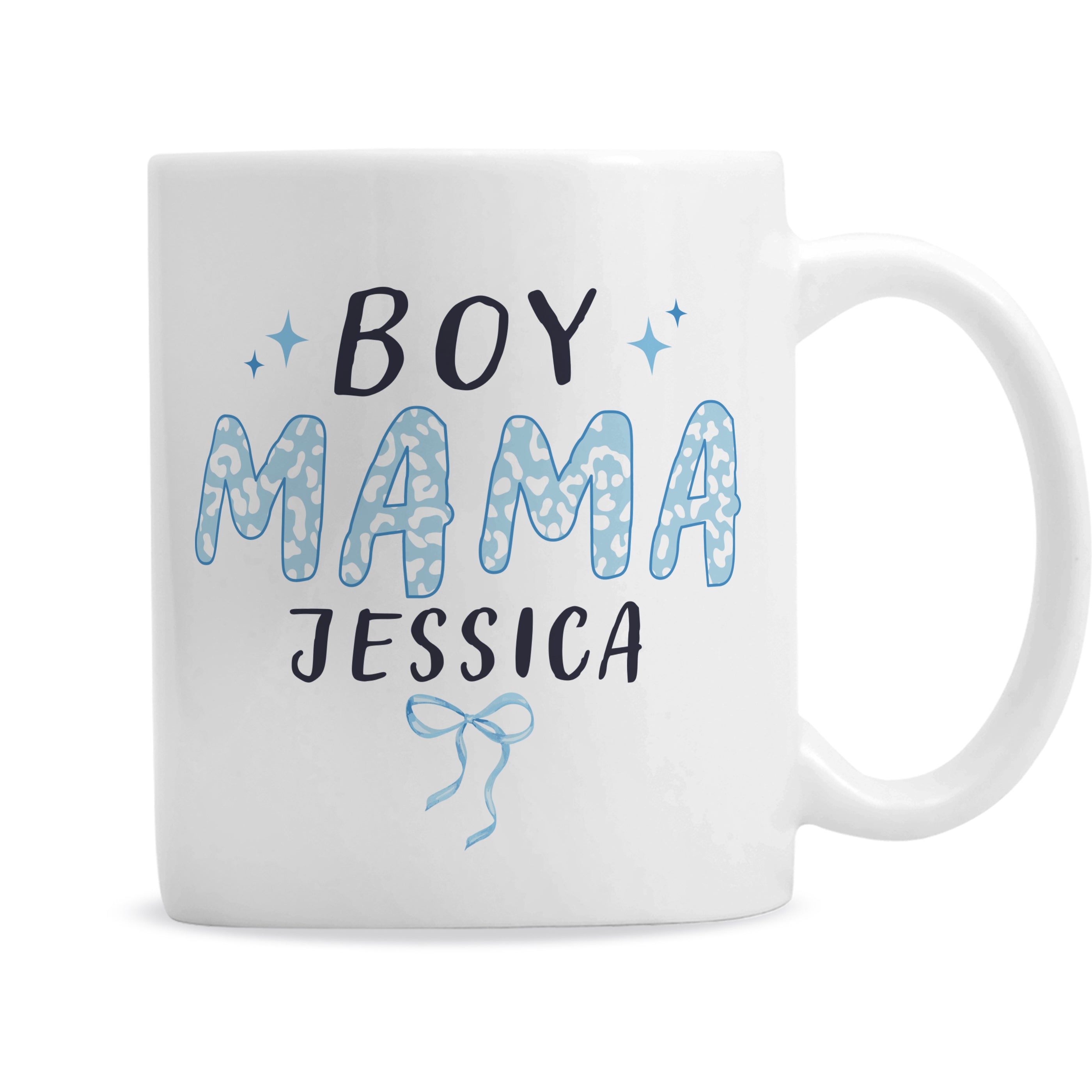 White mug with 'Boy Mama Jessica' text on a white background
