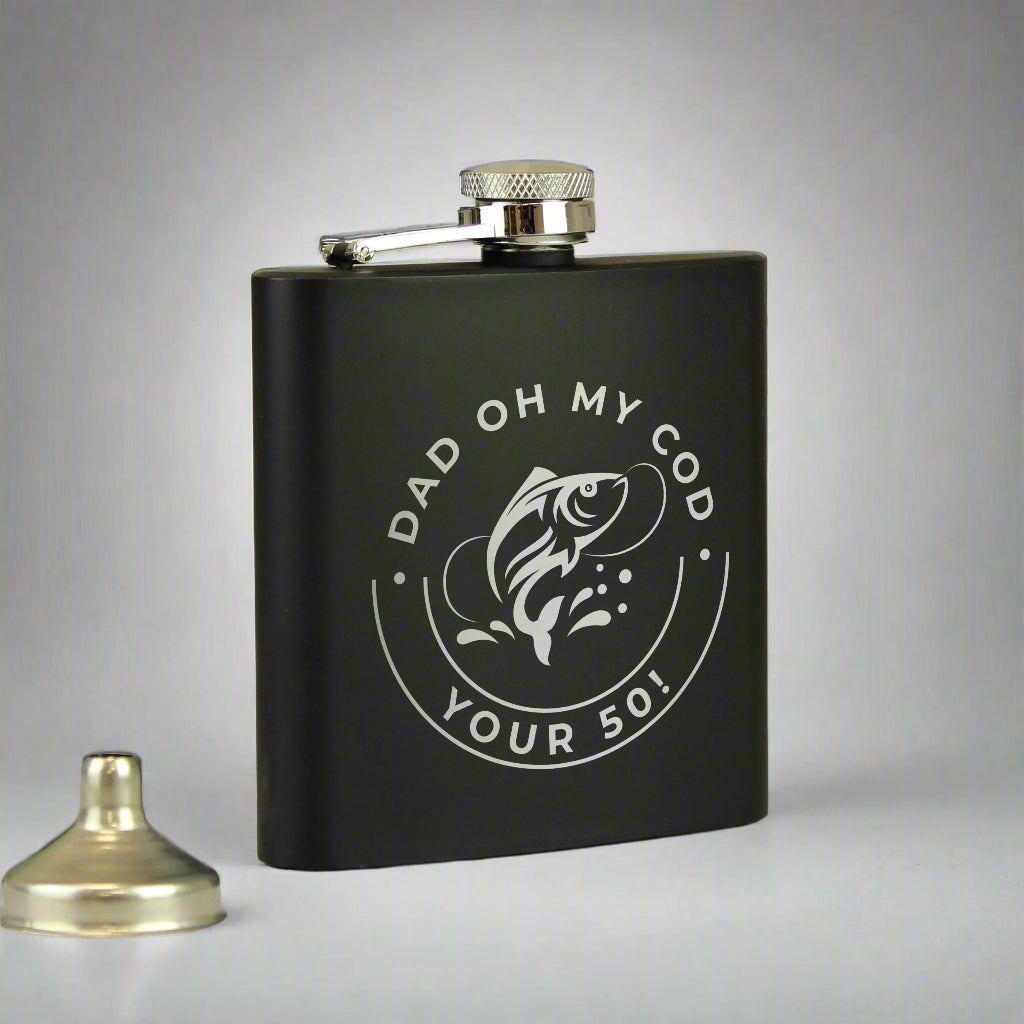 Close-up of the engraved text on the stainless steel fishing hip flask.