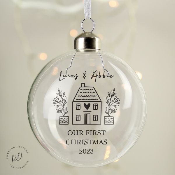 1st Christmas New Home Bauble – Personalised Glass Ornament.