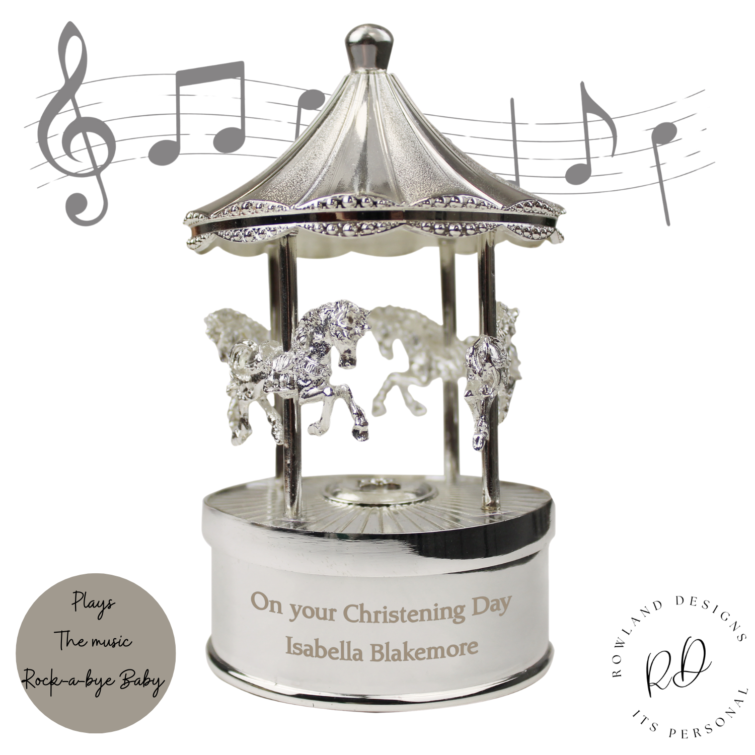 Custom baby carousel keepsake with engraved message, perfect for christenings