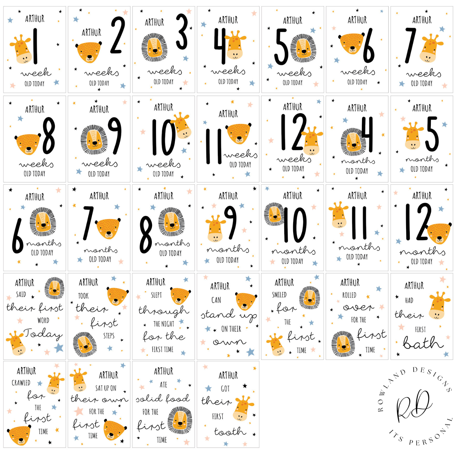 Personalised baby name printed on milestone card in uppercase