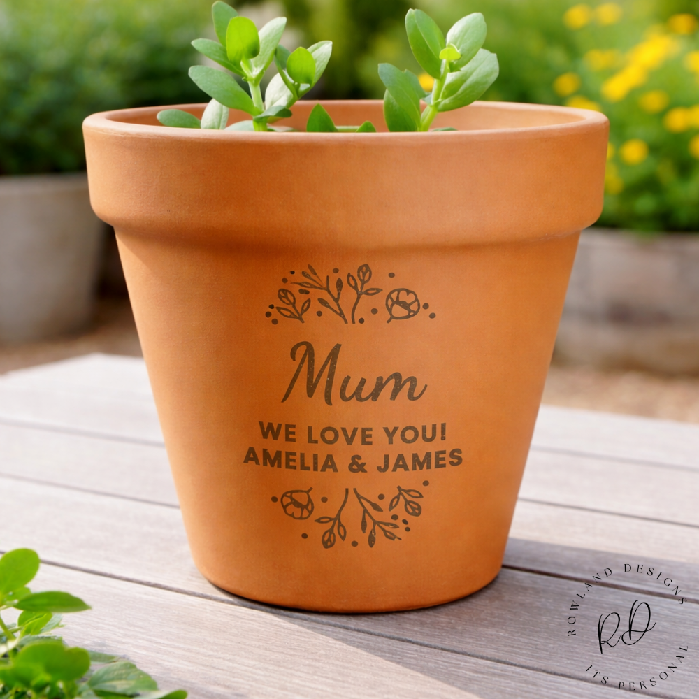 Custom engraved floral terracotta plant pot with personalised text