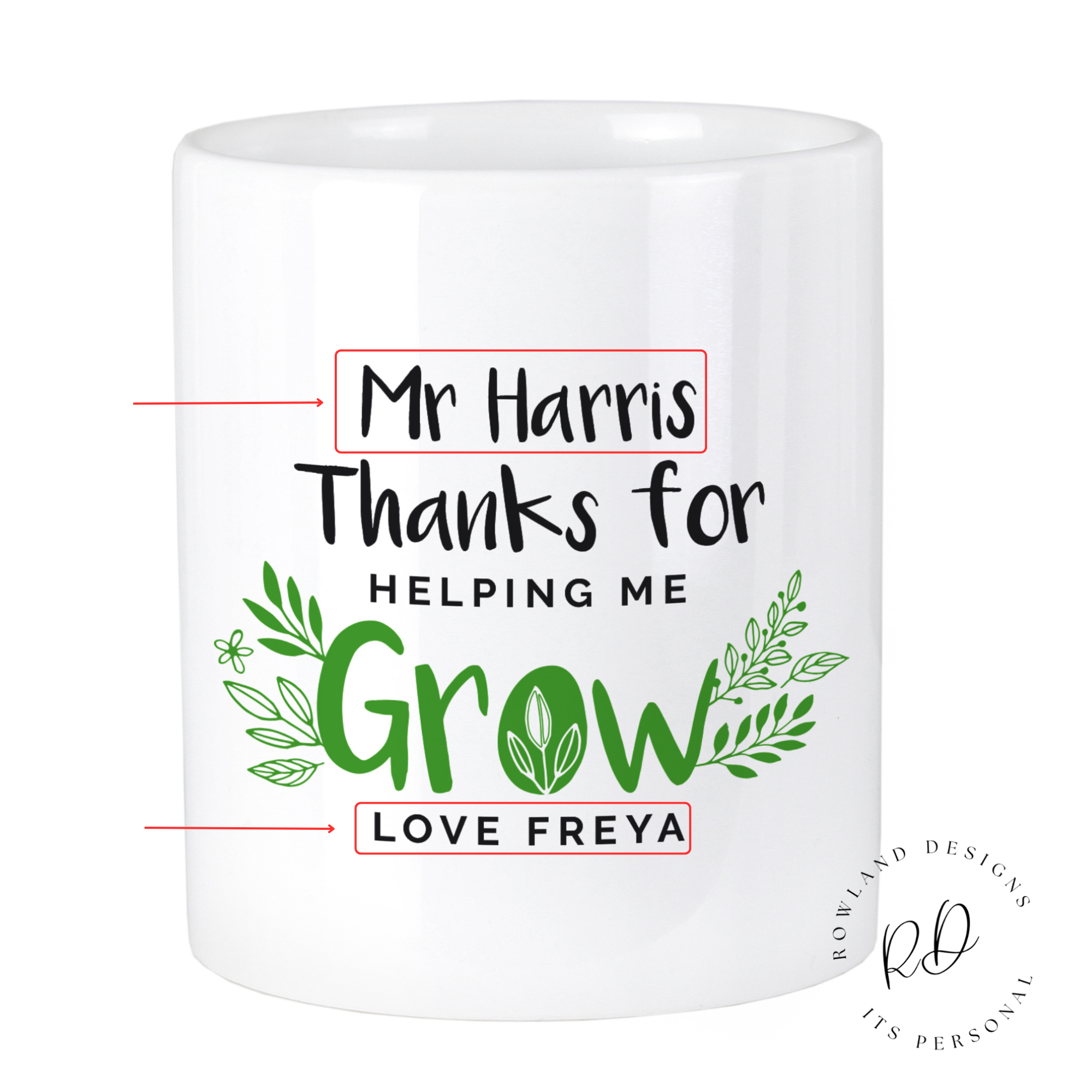 Thoughtful teacher gift – ceramic storage pot with personalisation options.