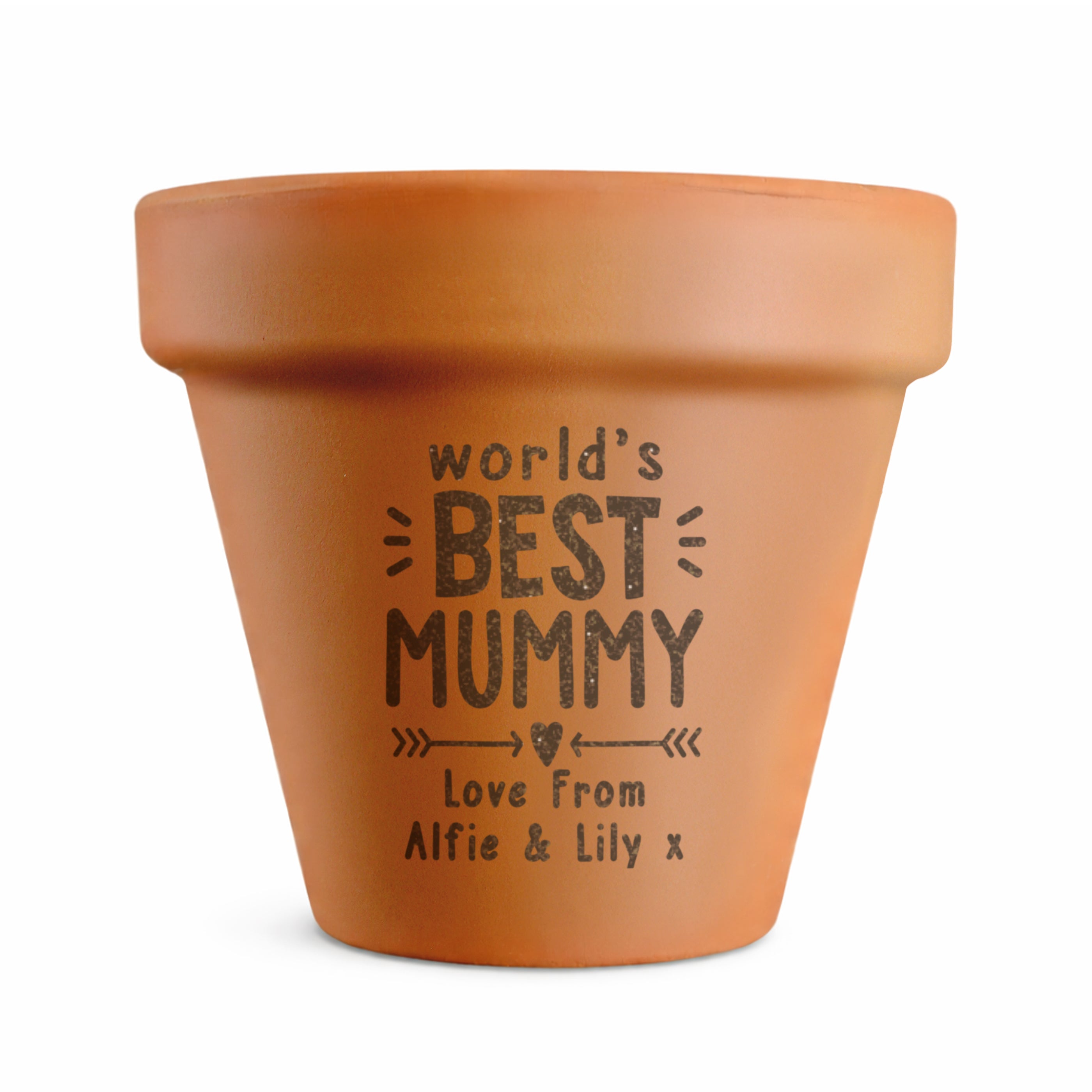 Terracotta pot with 'world's best mummy' engraving on a white background