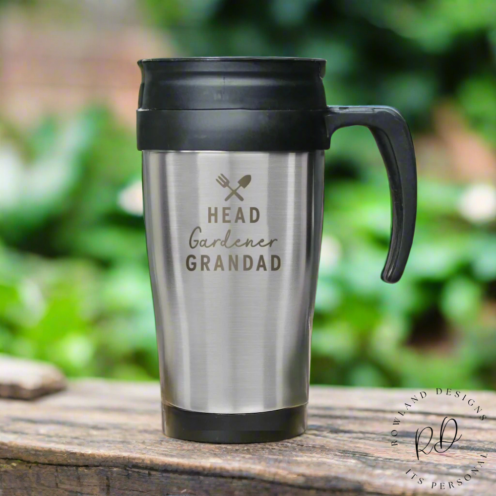 Personalised travel mug for gardeners with screw lid and handle