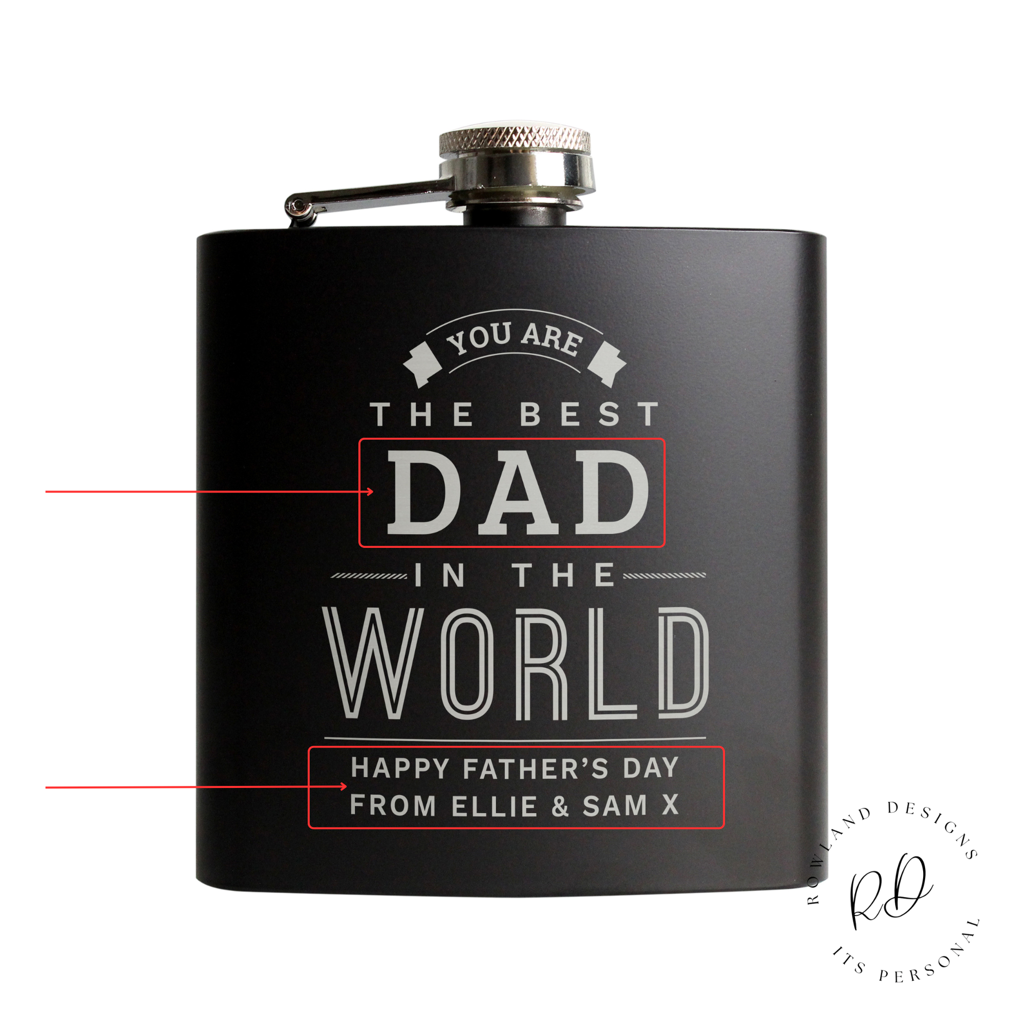 Personalised black hip flask, perfect as a gift for Father's Day or birthdays.