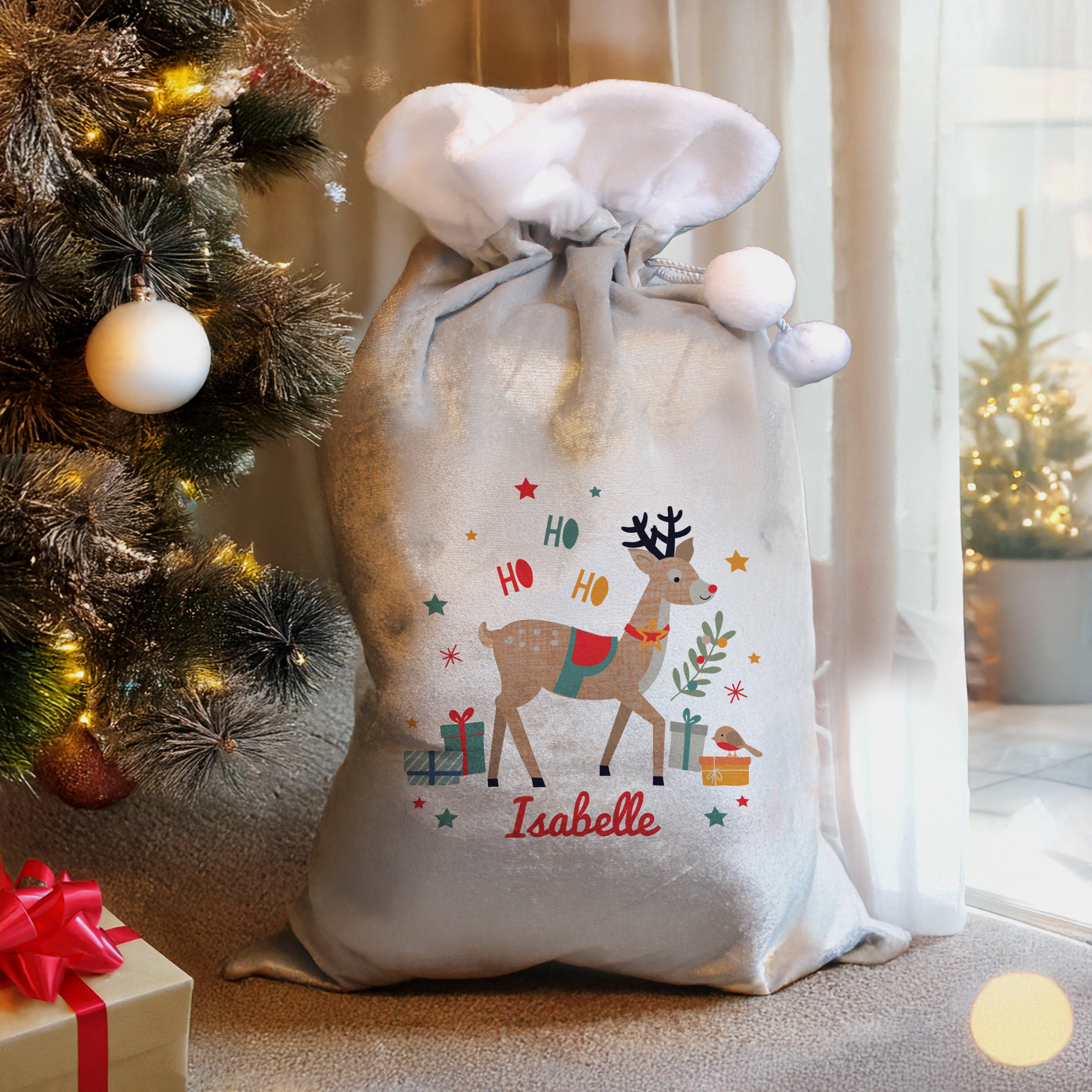 custom printed name detail on the Personalised Reindeer Christmas Sack.