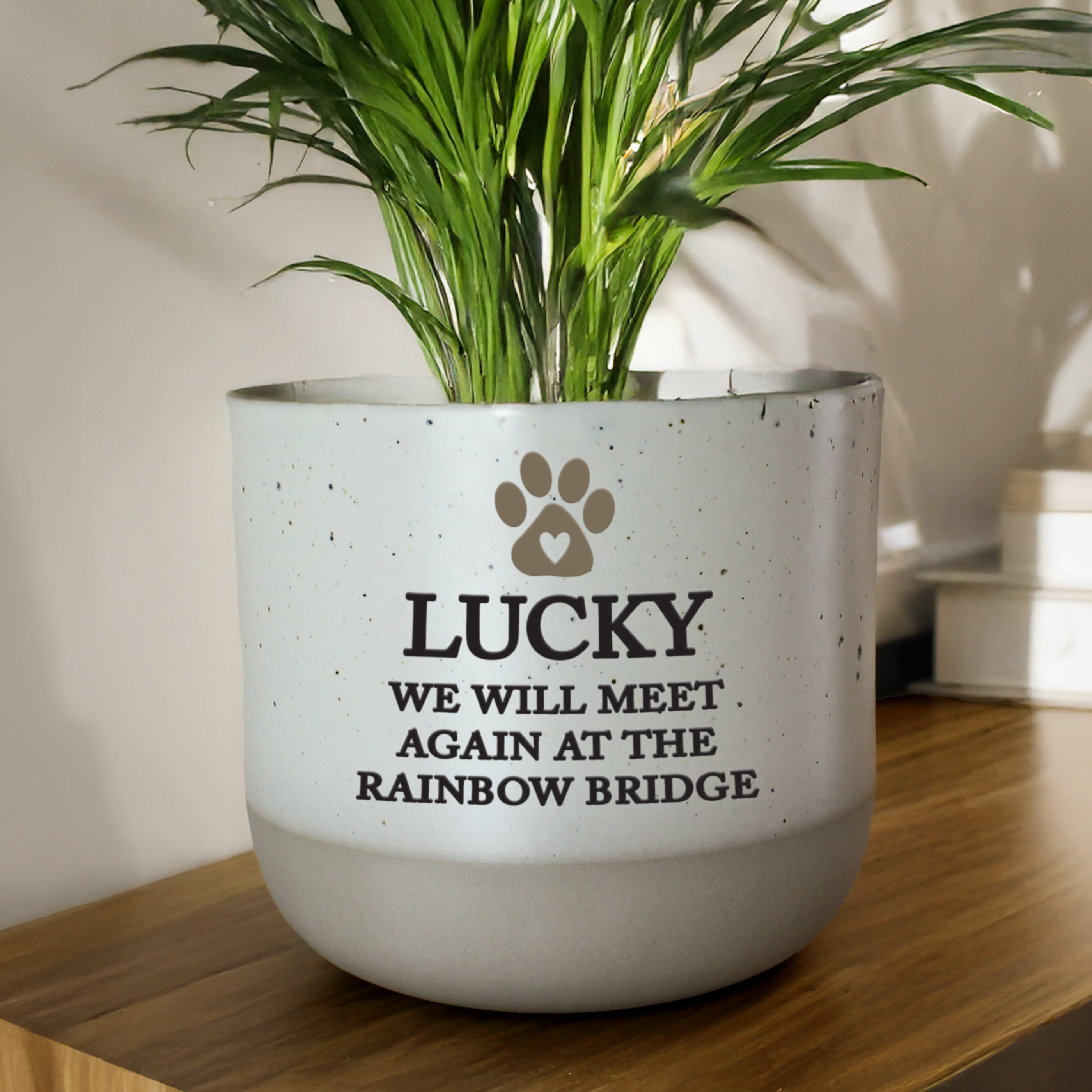 Custom pet memorial flecked plant pot with personalised remembrance message