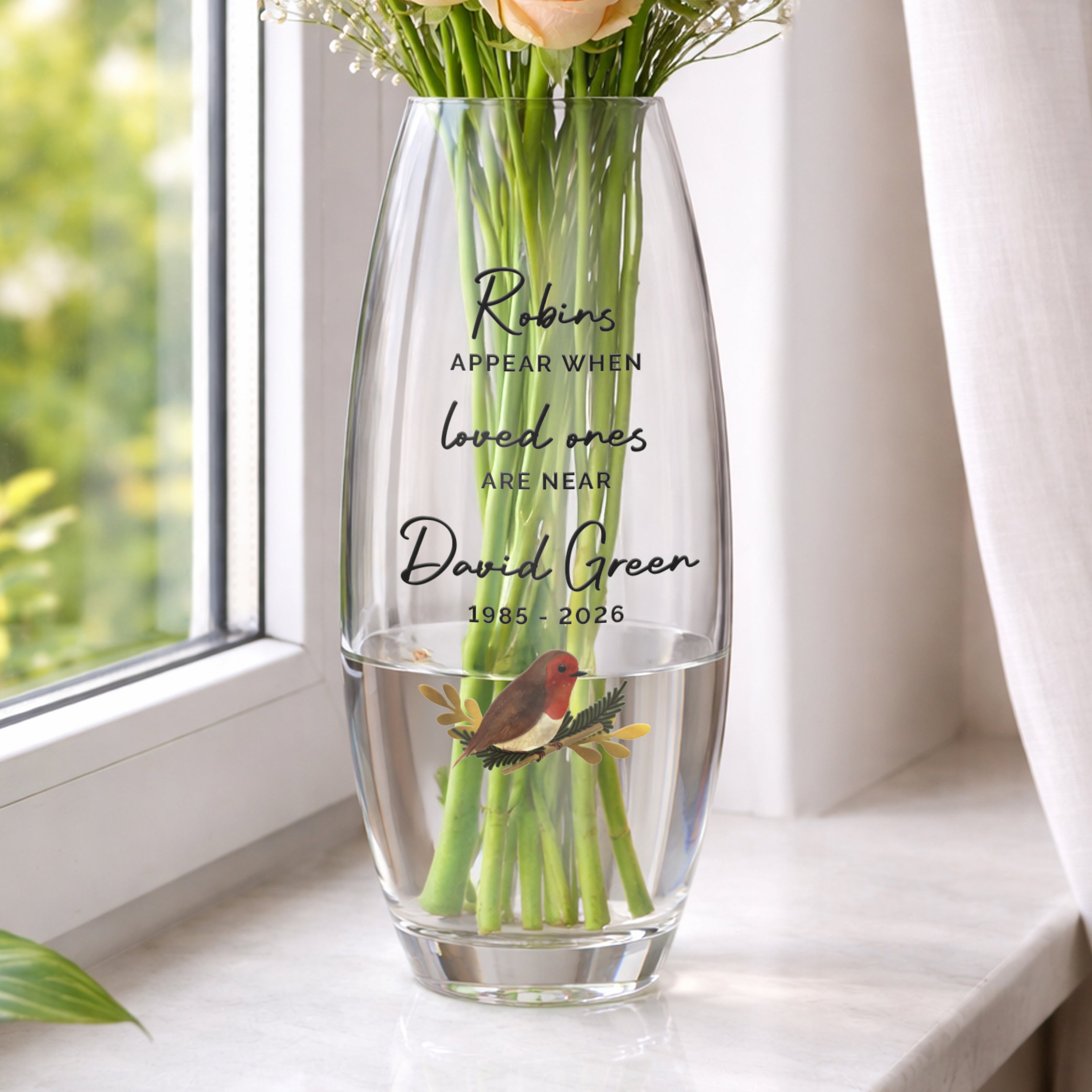 Custom Robins Appear glass vase personalised in memory of a loved one