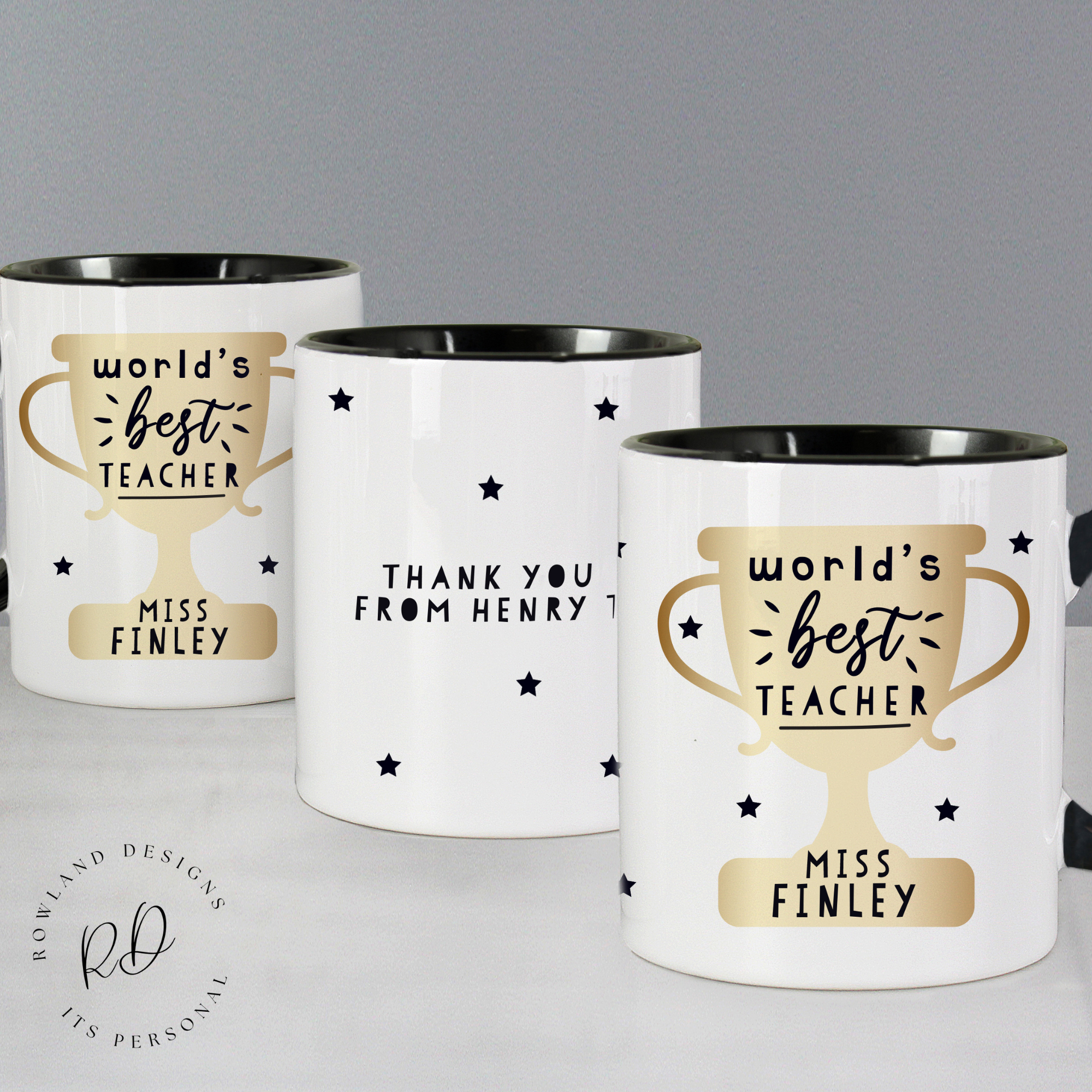 Custom teacher mug with trophy design and black handle – personalised gift idea for end of term