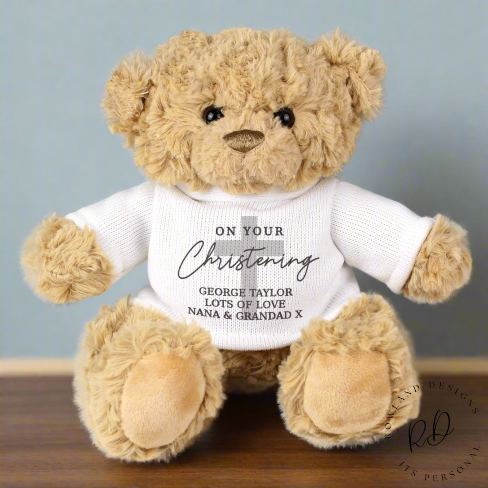 Side view of customised Christening teddy bear