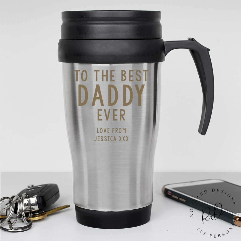 Front view of a stainless steel personalised travel mug with custom free text engraved.