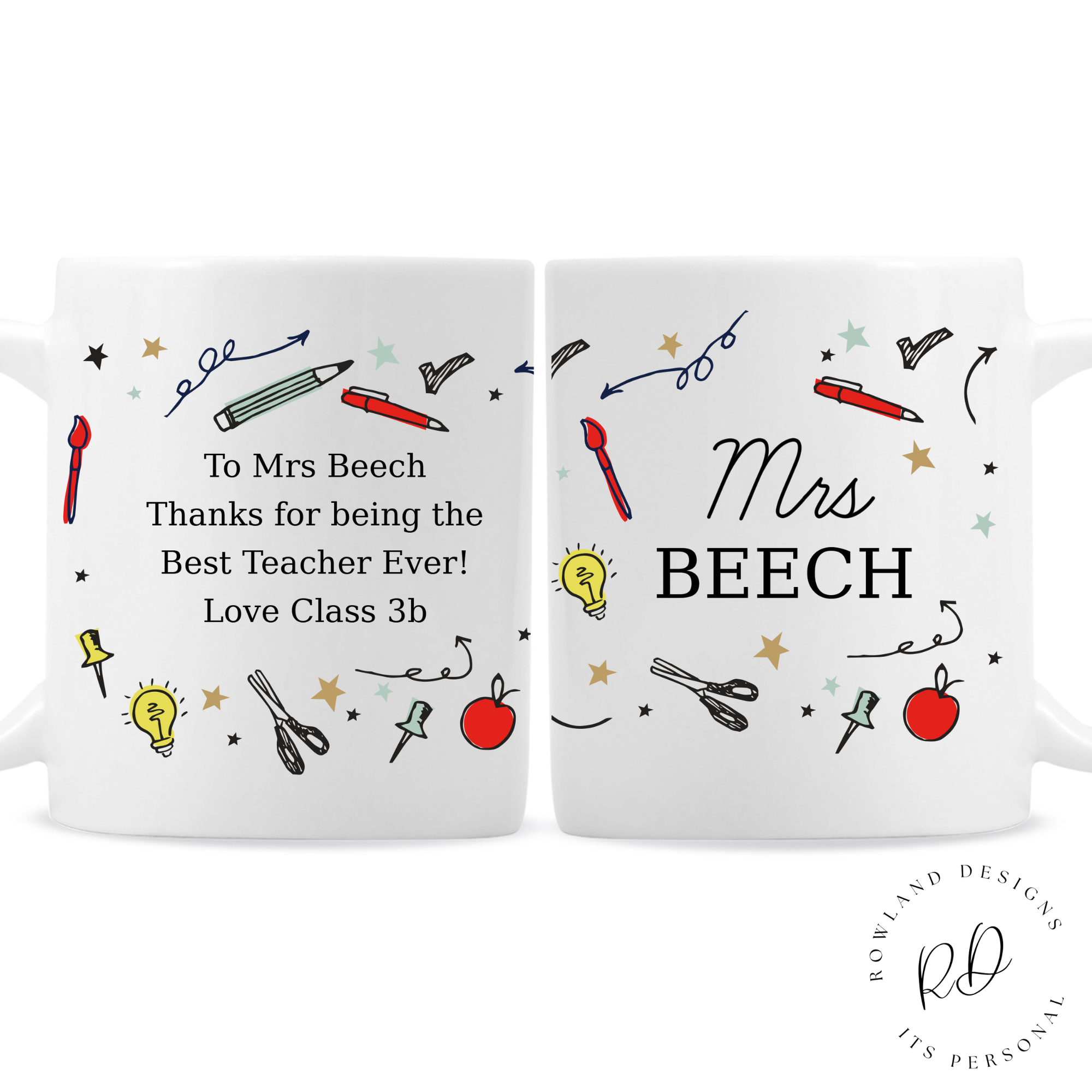 Reverse side of mug showing thank-you message for teacher