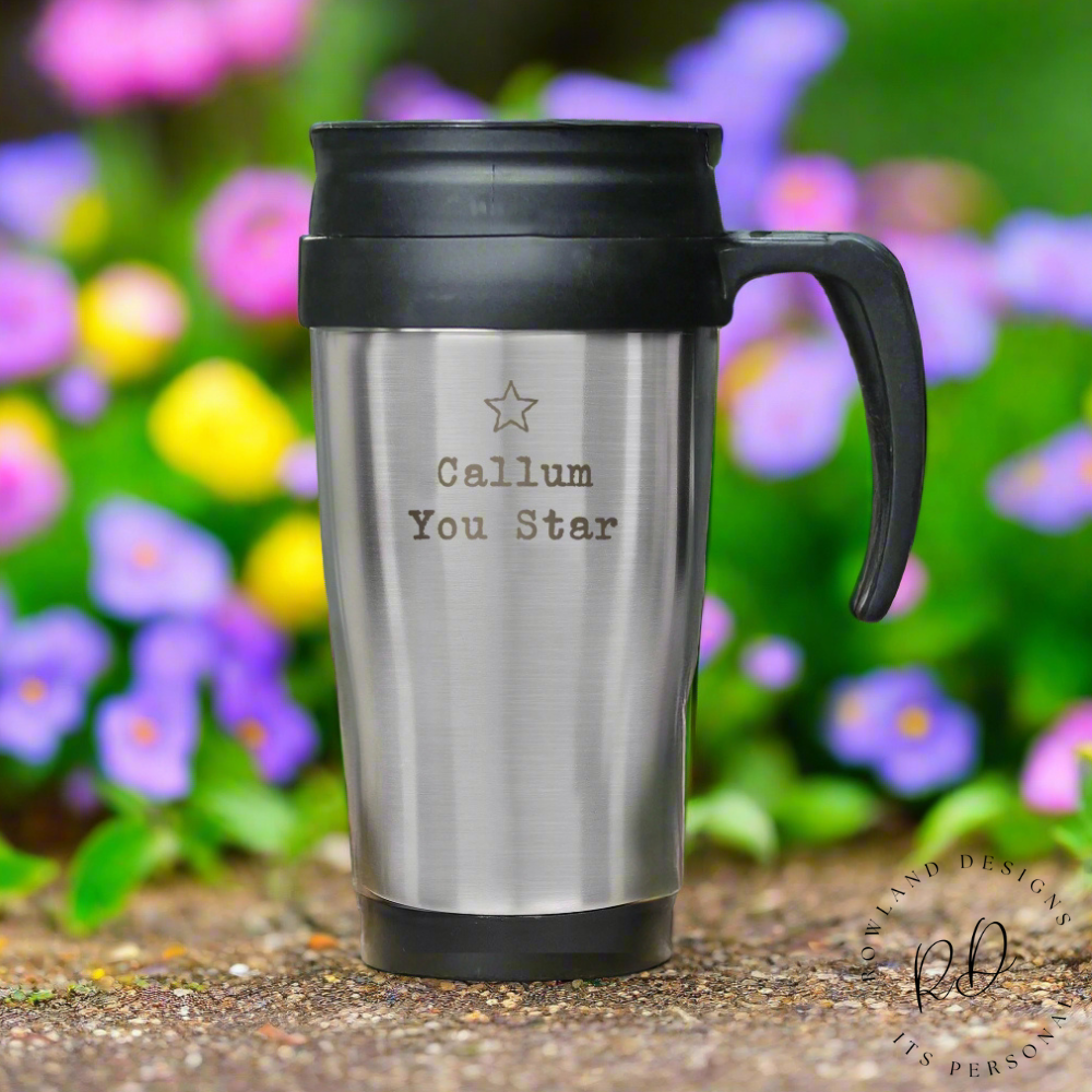 Custom travel mug featuring bold star and two-line personal message