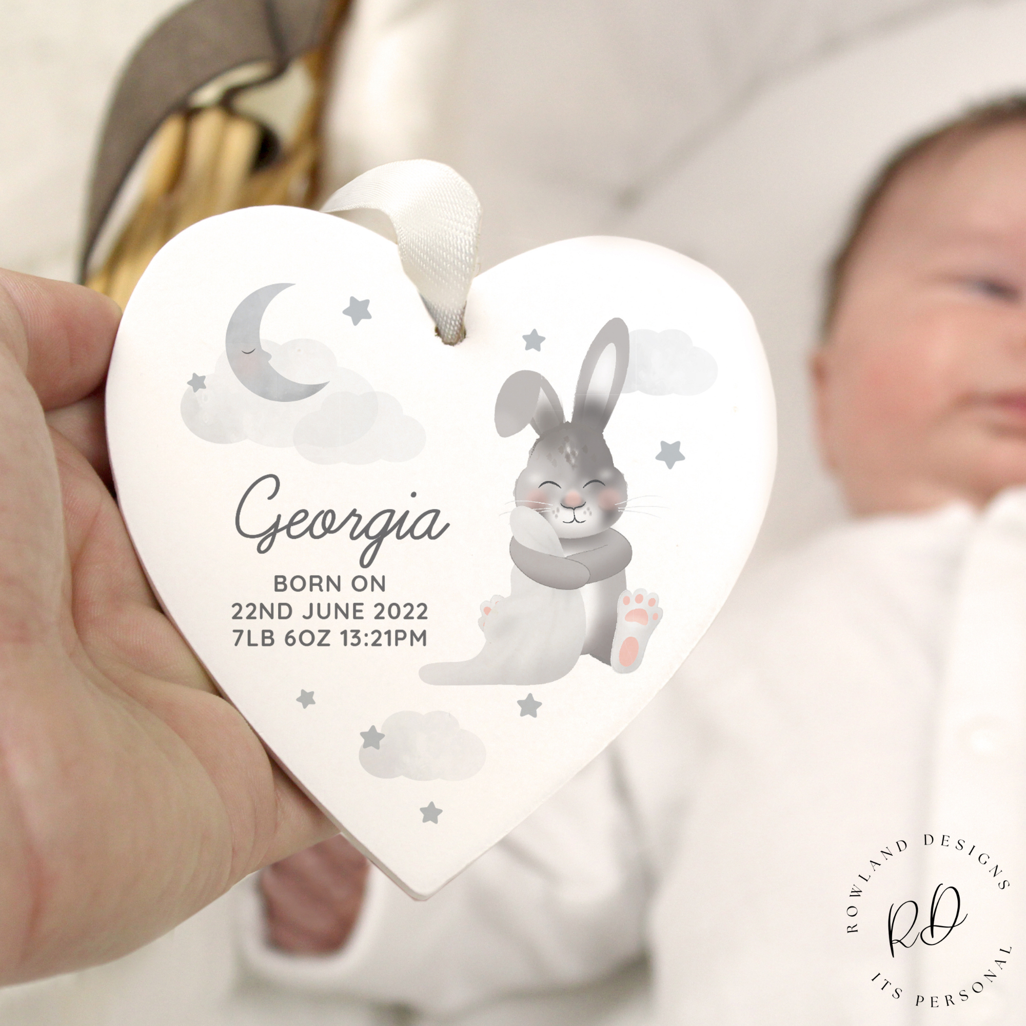 Custom heart-shaped baby ornament with bunny